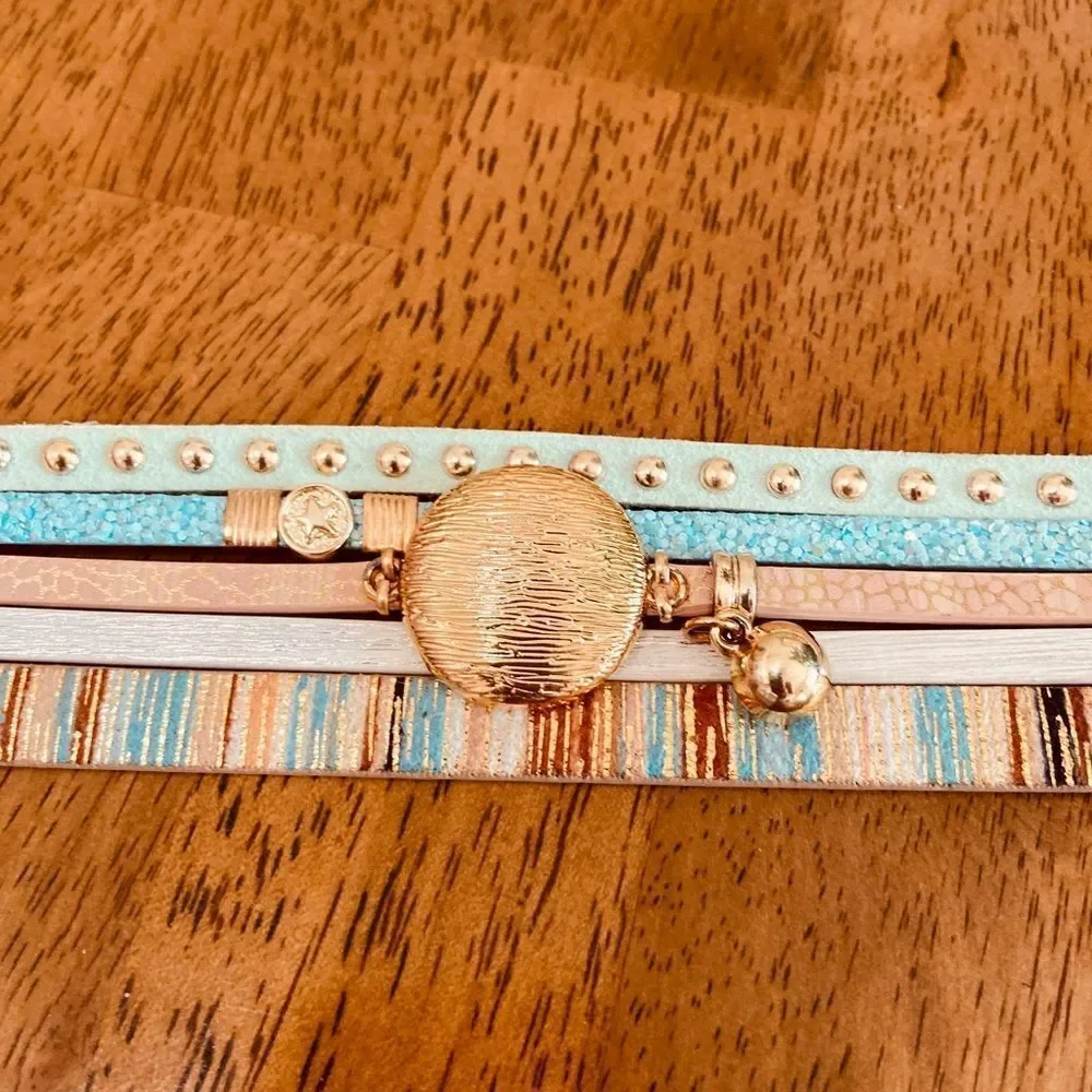 Boho Chic Multi-Layered Bracelet Teal Gold Studded Stripe Charm Bling Jewelry